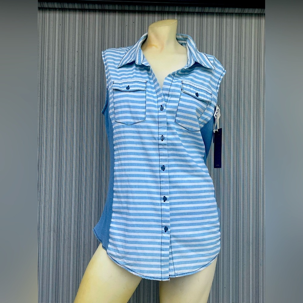 Preppy Cavalini Nautical Blue and White Striped Sleeveless Shirt XL